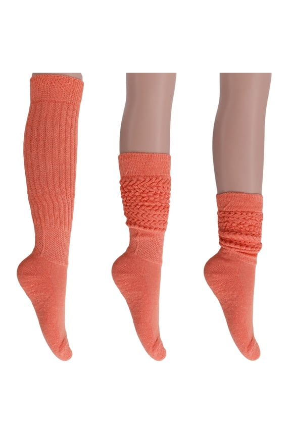 Women's Light Orange Cotton Slouch Socks - 3 Pairs Medium-Weight Knee High Socks (21" Length, Fits Shoe 5-10)
