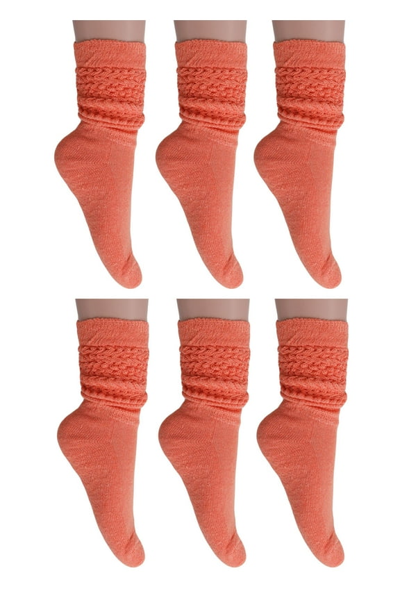 Women's Light Orange Cotton Slouch Socks 6-Pack - 21" Adjustable Knee-High to Ankle Socks (Fits Shoe 5-10)