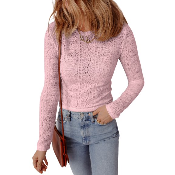 Women's Light Pink Lace Long Sleeve Cropped Top – Elegant Casual Wear for Spring, L