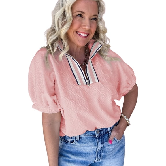 Women's Light Pink Textured Half Sleeve Blouse with Contrast Striped Collar - [ZhiHiMeRi] | (US 12-14)L