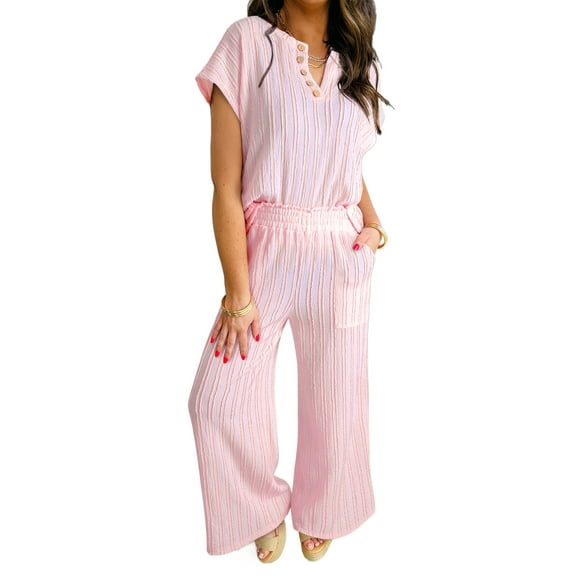 Women's Light Pink Textured Short Sleeve Henley Top & Pocketed Wide Leg Pants Set | [ZhiHiMeRi] | (US 12-14)L
