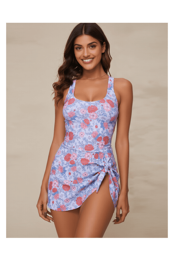Women's Light Purple with Pink and Red Floral Print One-Piece Swimdress Swimsuit with Tummy Control, Ruched Front and Built-in Skirt - Plus Size Modest Swim Dresses for Beach, Pool, Vacation S-XL