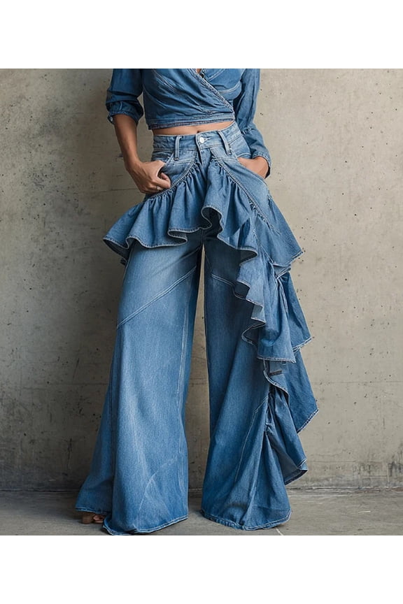 Women's Light Wash Denim Ruffled Wide Leg Jeans High Waist Western Style Pants with Front Ruffled Overlay and Detailed Pockets