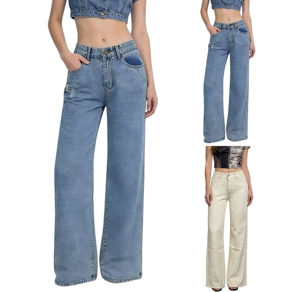 Women's Light Wash Distressed Wide Leg Jeans High Waisted Fit