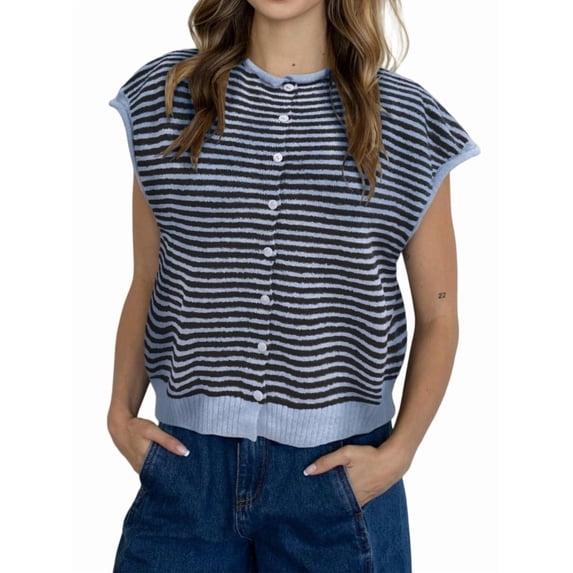 Women's Light-Weight Cap Sleeve Cardigan Summer Casual Striped Knit Open Front Button Down Sweater Light Blue M