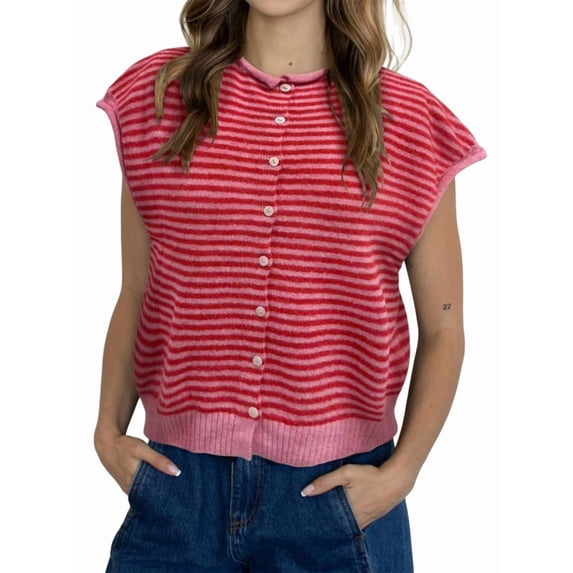 Women's Light-Weight Cap Sleeve Cardigan Summer Casual Striped Knit Open Front Button Down Sweater Red S
