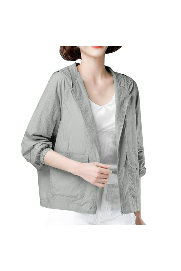 Women's Light Weight Hooded Jacket Packable Active Outdoor Hiking Jackets Sun Protection Long Sleeve Thin Coats with Pockets Gray M