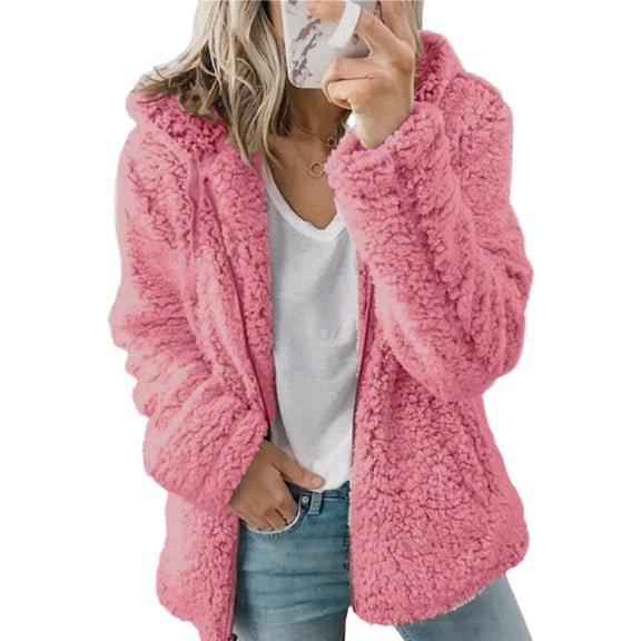 Women's Light-Weight Warm Jacket Plus Size Zip Up Hoodie Fleece Winter Coat Soft Fuzzy Cardigan with Pockets Pink L