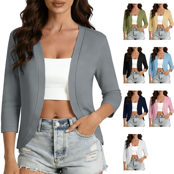 Women's Lightweight 3/4 Sleeve Bolero Shrug Open Front Cardigan Curved Hem Soft Stretch Cover Up for Evening Dress Wedding Guest, Gray, M