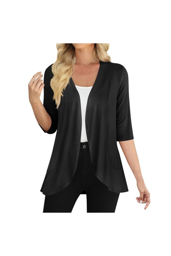 Women's Lightweight 3/4 Sleeve Cardigan – Draped Ruffle Open Front Cover-Up | Plus Size Knit Kimono Wrap