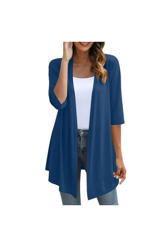 Women's Lightweight 3/4 Sleeve Cardigan – Draped Ruffle Open Front Cover-Up | Plus Size Knit Kimono Wrap