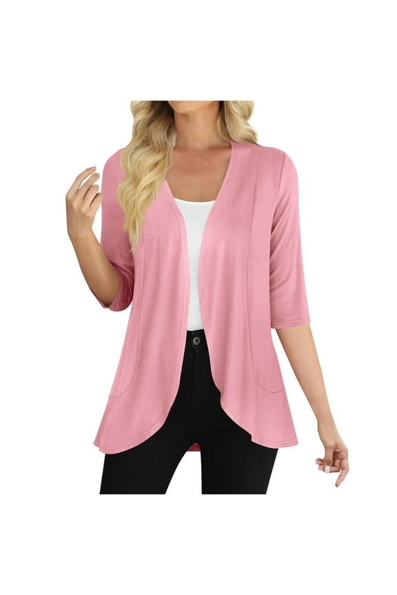 Women's Lightweight 3/4 Sleeve Cardigan – Draped Ruffle Open Front Cover-Up | Plus Size Knit Kimono Wrap