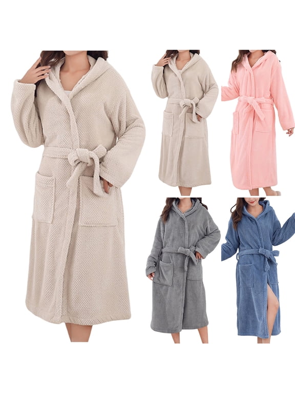 Women's Lightweight And Warm Woolen Hooded Nightgown, Women's Pocket Sized Bathrobe, Perfect for Spa And Leisure Activities Khaki Free Size