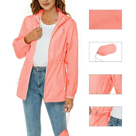 Women's Lightweight Athletic Waterproof Hooded Jacket with Zipper Pockets for Outdoor Sports and Hiking