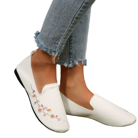 Women's Lightweight Ballet Flat Shoes Flora Embroidery Comfortable Slip On Dress Shoes Casual Non Slip Loafers White Size 8