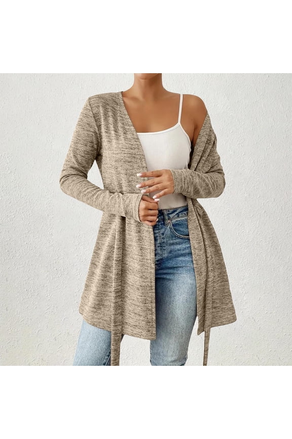 Women's Lightweight Belted Cardigan, Mid Length Open Front Sweater, Long Sleeve Duster Cover Up, Casual Loose Fit Lounge Cardigan, Solid Color Knit Wrap, Comfortable Loungewear Beige XXL