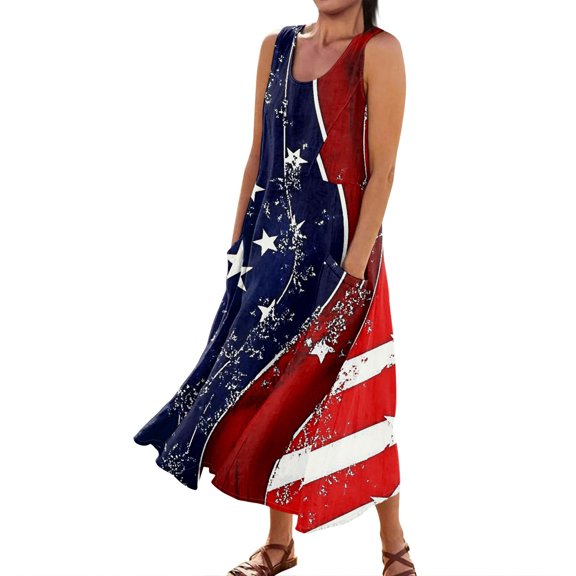 Women's Lightweight Boho Dress Sleeveless Round Neck Sundress with Patriotic Print, Perfect for Summer Vacations and Casual Wear,Blue 2XL