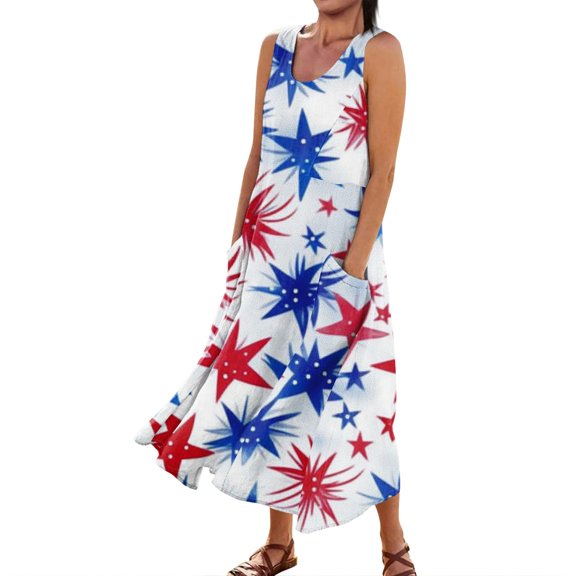 Women's Lightweight Boho Dress Sleeveless Round Neck Sundress with Patriotic Print, Perfect for Summer Vacations and Casual Wear,Multicolor S