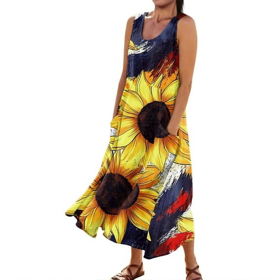 Women's Lightweight Boho Dress Sleeveless Round Neck Sundress with Patriotic Print, Perfect for Summer Vacations and Casual Wear,Navy 2XL