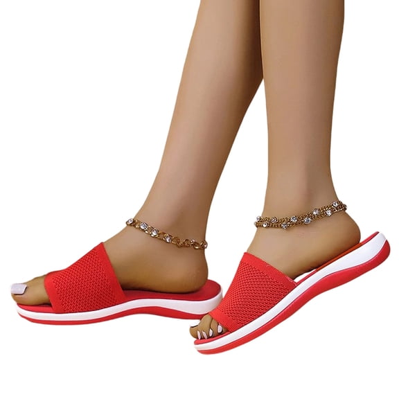 Women's Lightweight Breathable Sandals - Summer Slip-On Thick Sole Open Toe Casual Shoes, Comfortable Fashionable Outdoor Wear (Red,37)