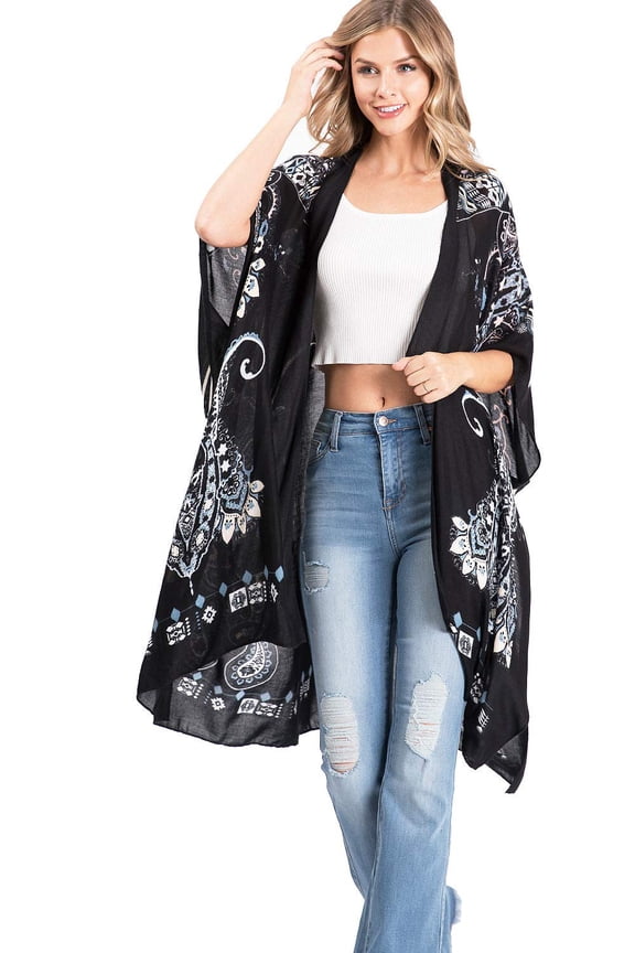 Women's Lightweight Bright Bohemian Print Vacation Layering Kimono (One Size, Black)