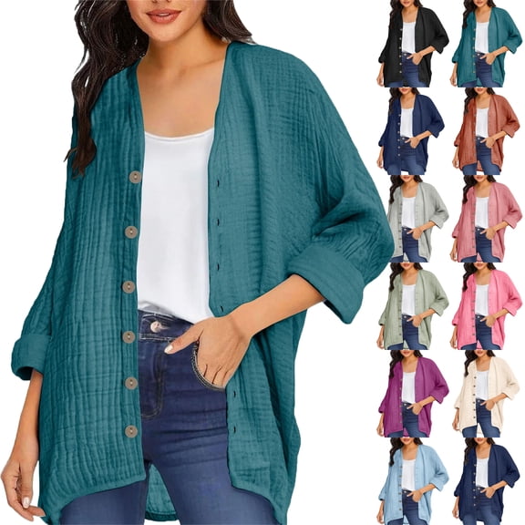 Women's Lightweight Button Down Cardigan Long Sleeve Casual Solid Color Crew Neck Soft Knit Cardigans Sweater Tops Loose Casual Long Sleeved Open Front Breathable Cardigans for Women