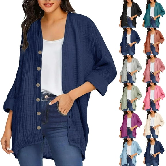 Women's Lightweight Button Down Cardigan Long Sleeve Casual Solid Color Crew Neck Soft Knit Cardigans Sweater Tops Loose Casual Long Sleeved Open Front Breathable Cardigans for Women