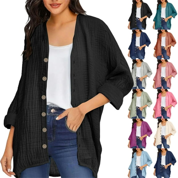 Women's Lightweight Button Down Cardigan Long Sleeve Casual Solid Color Crew Neck Soft Knit Cardigans Sweater Tops Loose Casual Long Sleeved Open Front Breathable Cardigans for Women