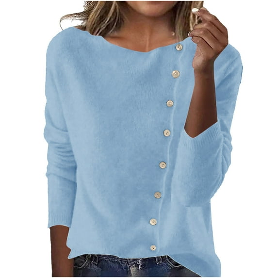 Women's Lightweight Button Down Cardigan Long Sleeve Casual Crew Neck Soft Knit Cardigans Sweater Tops (Free Size, Blue)