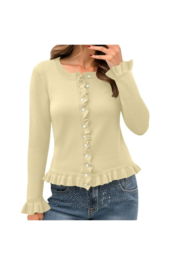 Women's Lightweight Button Down Cardigan Ruffle Hem Long Sleeve Casual Knit Cardigans Sweater Crew Neck Fall Spring Tops Yellow, L
