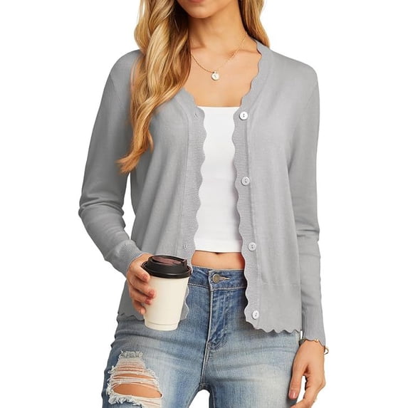 Women's Lightweight Button Down Cardigan Sweater, V Neck Scalloped Trim Slim Fit Long Sleeve Knit