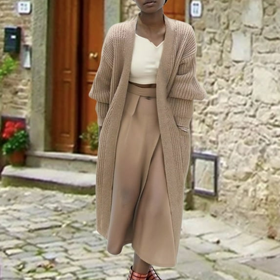 Women's Lightweight Button Down Cardigan Sweaters Ndbuld Women's Fashion Solid Color MIDI Style Knit Cardigan Big Pocket Coat Beige S