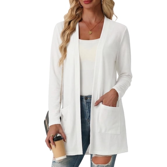 Women's Lightweight Cardigan Long Sleeve Sweater Open Front Casual Fall Cardigans with Pockets,White M