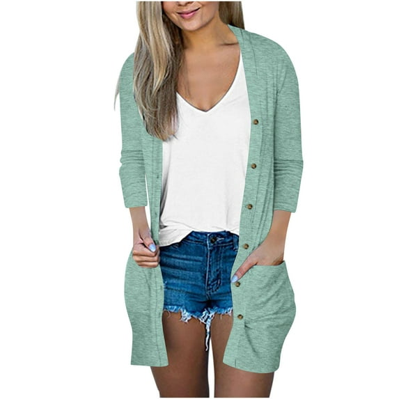 Women's Lightweight Cardigan Open Front 3/4 Sleeve Casual Loose Button Thin Cardigans Pockets Solid Fashion Coat S-3XL