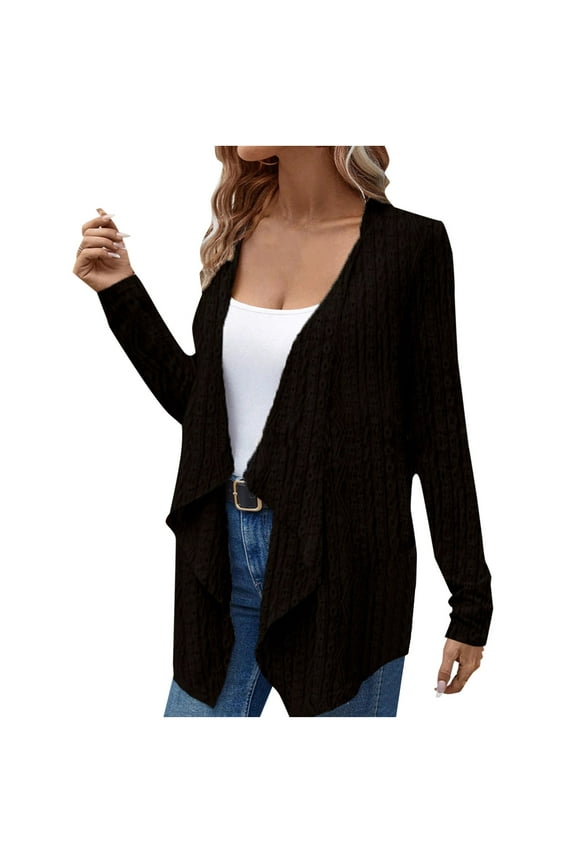 Women's Lightweight Cardigan Soft Ribbed Knit Jacket Open Front Jacquard Weave Coat All-Season Outerwear with Irregular Hem Solid Long Sleeve Tops