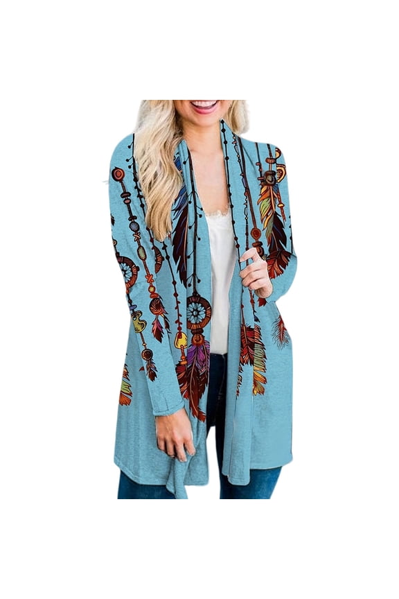 Women's Lightweight Cardigan Summer Casual Soft Long Sleeve Floral Knit Cardigans Draped Duster Open Front V Neck Ribbed Knit Shirts Boho Trendy Shirt Beach Vacation Wear, Blue 4XL