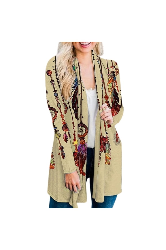Women's Lightweight Cardigan Summer Casual Soft Long Sleeve Floral Knit Cardigans Draped Duster Open Front V Neck Ribbed Knit Shirts Boho Trendy Shirt Beach Vacation Wear, Beige XL