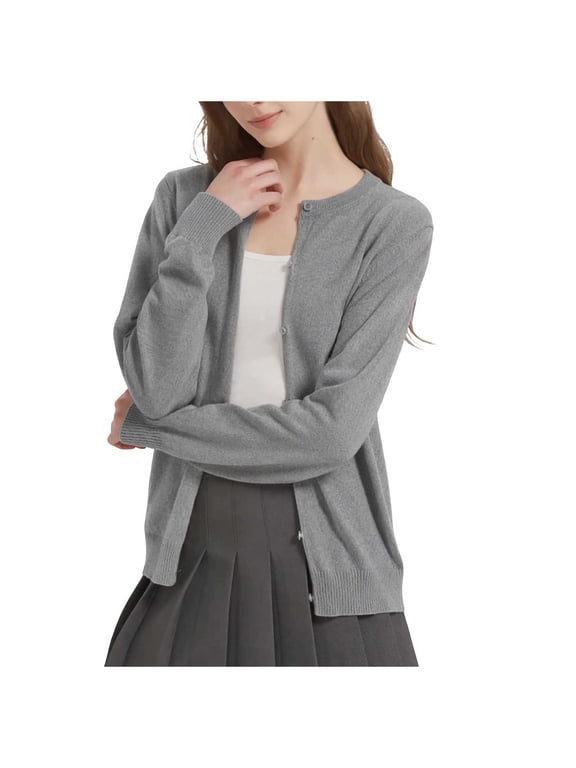Women's Lightweight Cardigan Sweater, Long Sleeve Button Down Knit Crewneck Soft Base Sweater Jacket Solid Casual, Gray XL