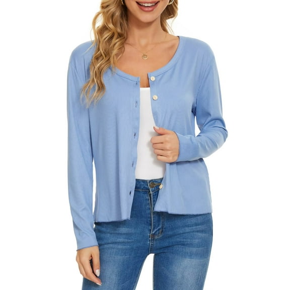 Women's Lightweight Cardigan Sweater Long Sleeve Crewneck Button Down Knit Cardigan(Blue L)