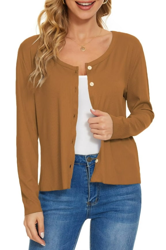 Women's Lightweight Cardigan Sweater Long Sleeve Crewneck Button Down Knit Cardigan(Coffee M)