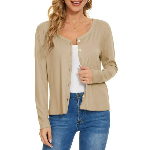 Women's Lightweight Cardigan Sweater Long Sleeve Crewneck Button Down Knit Cardigan(LightPink L)