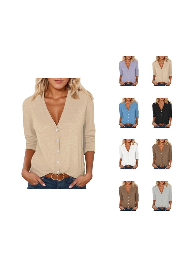 Women's Lightweight Cardigan V Neck 3/4 Sleeve Button Front Sweater Casual Fall Spring Thin Knit Top For Ladies Cardigan Sweaters for Women