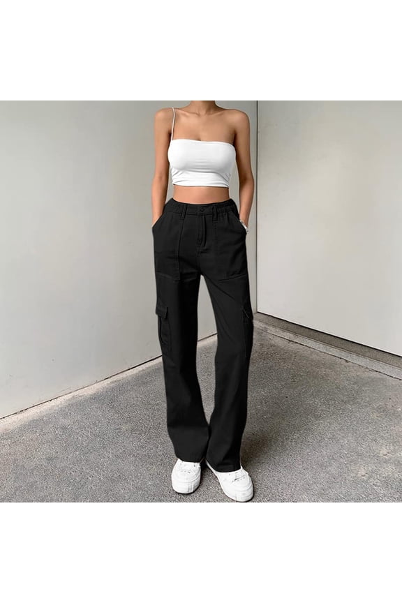 Women's Lightweight Cargo Pants High Waisted Straight Leg Outdoor Utility Trousers Black M