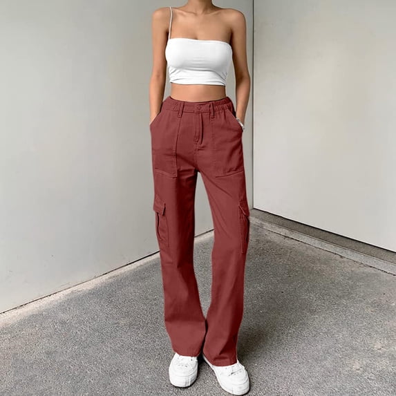 Women's Lightweight Cargo Pants High Waisted Straight Leg Outdoor Utility Trousers Coffee XL