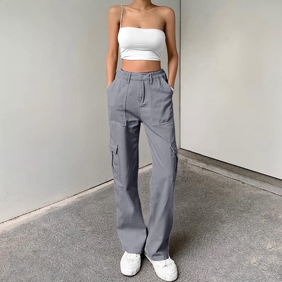 Women's Lightweight Cargo Pants High Waisted Straight Leg Outdoor Utility Trousers Light Gray XS