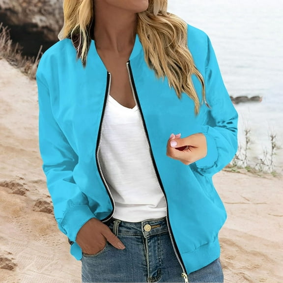 Women's Lightweight Casual Baseball Jacket Long Sleeve Zip up Outerwear Comfortable Loose Fit Stylish Plain Coat for Spring Autumn Daily Wear Jackets with Zippers Market Women Casual Anorak