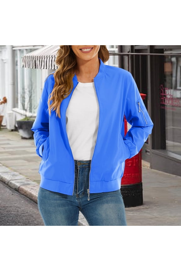 Women's Lightweight Casual Jacket, Long Sleeve Zip Up Windbreaker, Outdoor Spring Autumn Jacket, Everyday Light Coat, Arm Pocket Jacket, Zip Front Outerwear, Softshell Jacket Blue S