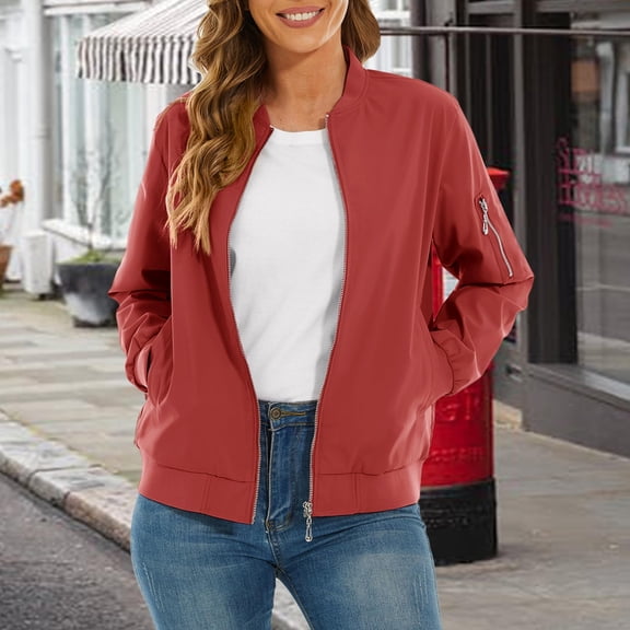 Women's Lightweight Casual Jacket, Long Sleeve Zip Up Windbreaker, Outdoor Spring Autumn Jacket, Everyday Light Coat, Arm Pocket Jacket, Zip Front Outerwear, Softshell Jacket Brick Red XL