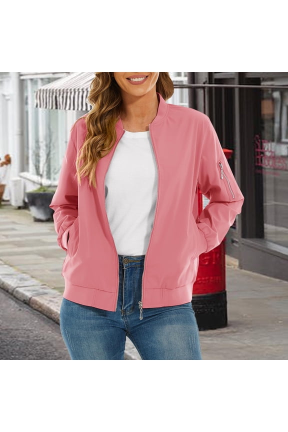 Women's Lightweight Casual Jacket, Long Sleeve Zip Up Windbreaker, Outdoor Spring Autumn Jacket, Everyday Light Coat, Arm Pocket Jacket, Zip Front Outerwear, Softshell Jacket Pink S