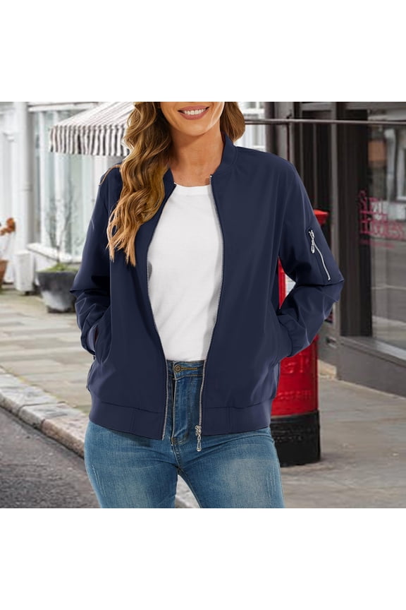 Women's Lightweight Casual Jacket, Long Sleeve Zip Up Windbreaker, Outdoor Spring Autumn Jacket, Everyday Light Coat, Arm Pocket Jacket, Zip Front Outerwear, Softshell Jacket Navy S